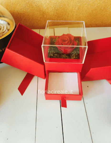 composizione con rosa stabilizzata media colore  rosso blu e nero e blu